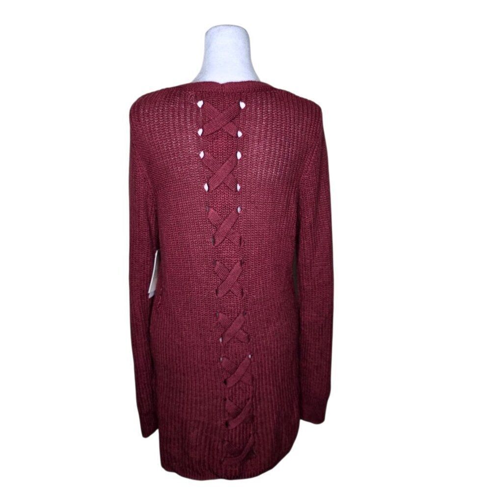 Pinque Long Sleeve Open Knit Cardigan Sweater Womens Size M Maroon Red